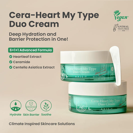 Axis-Y Cera-Heart My Type Duo Cream With Heartleaf & Ceramide - Redness Relief & Moisture Skin Barrier Repair - Vegan Korean Skin Care Moisturizer Face Cream - 2.02 Fl. Oz