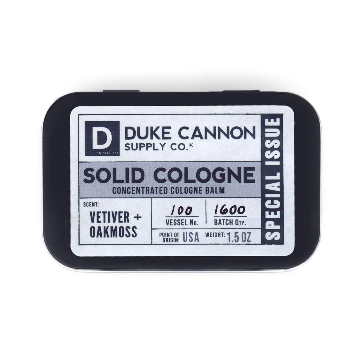 Duke Cannon Supply Co. Solid Cologne For Men Special Issue Vetiver And Oakmoss (Fresh Air, Sandalwood) - Concentrated Balm, Travel-Friendly Tin, 1.5 Oz