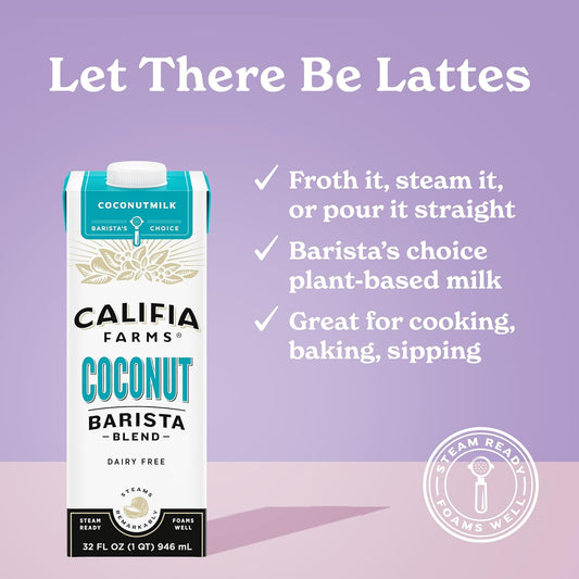 Califia Farms - Coconut Barista Blend Coconut Milk, 32 Oz (Pack Of 6), Shelf Stable, Dairy Free, Plant Based, Vegan, Gluten Free, Non Gmo, Creamer