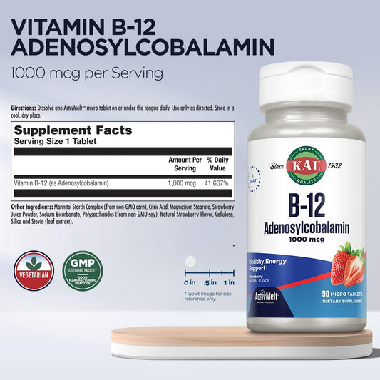 Kal Vitamin B12 1000 Mcg Adenosylcobalamin Activmelt, B12 Energy Supplements, Metabolism, Nerve And Red Blood Cell Support, High Absorption, Vegetarian, Natural Strawberry, 90 Serv, 90 Micro Tablets