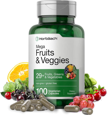 Horbäach Mega Fruits and Veggies Supplement | 100 Capsules | Vegetarian, Non-GMO and Gluten Free