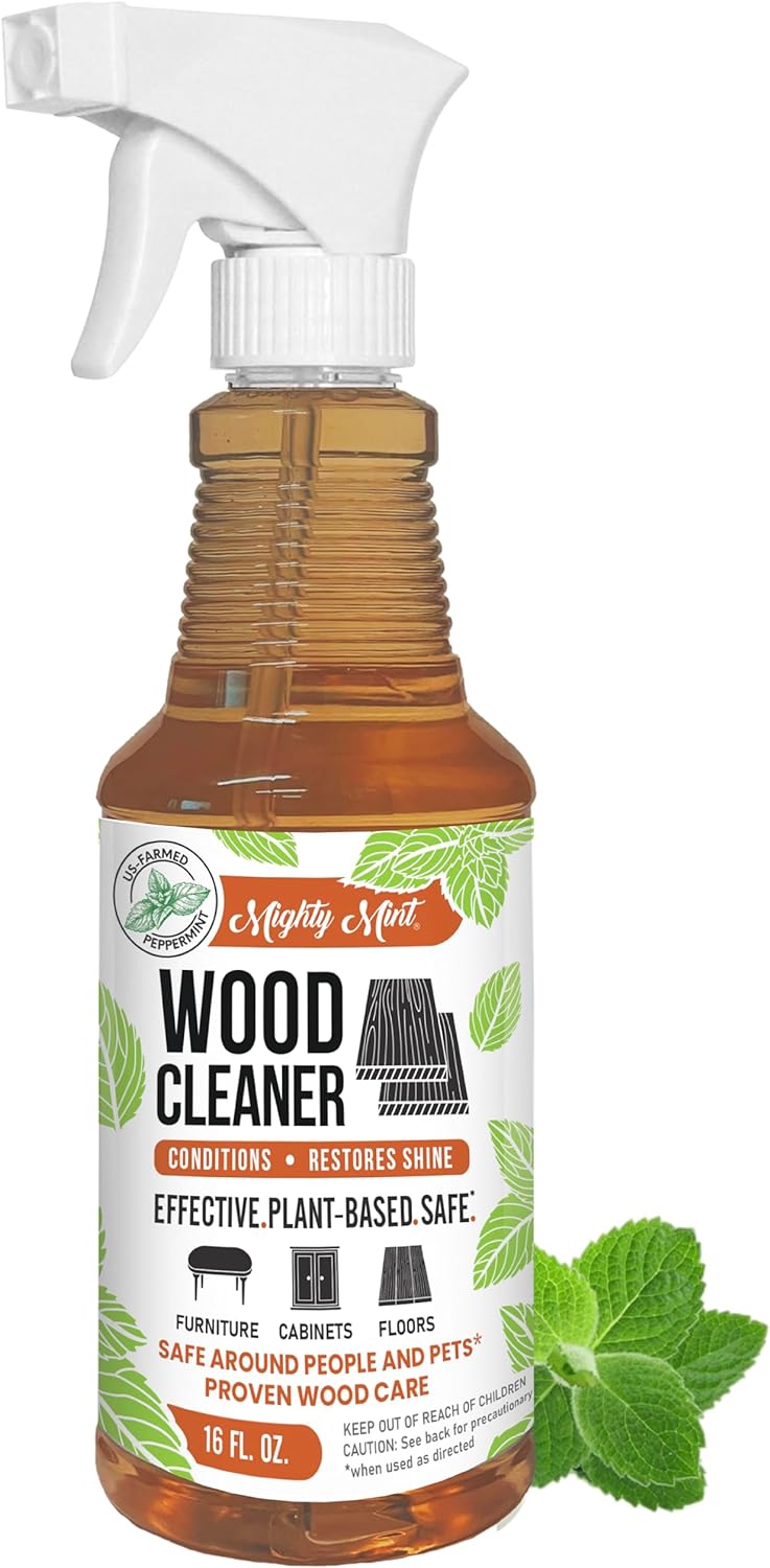 Mighty Mint Wood Cleaner and Conditioner, Non-Toxic, Spray Cleans and Renews Wood, Natural Peppermint Scent, 16oz