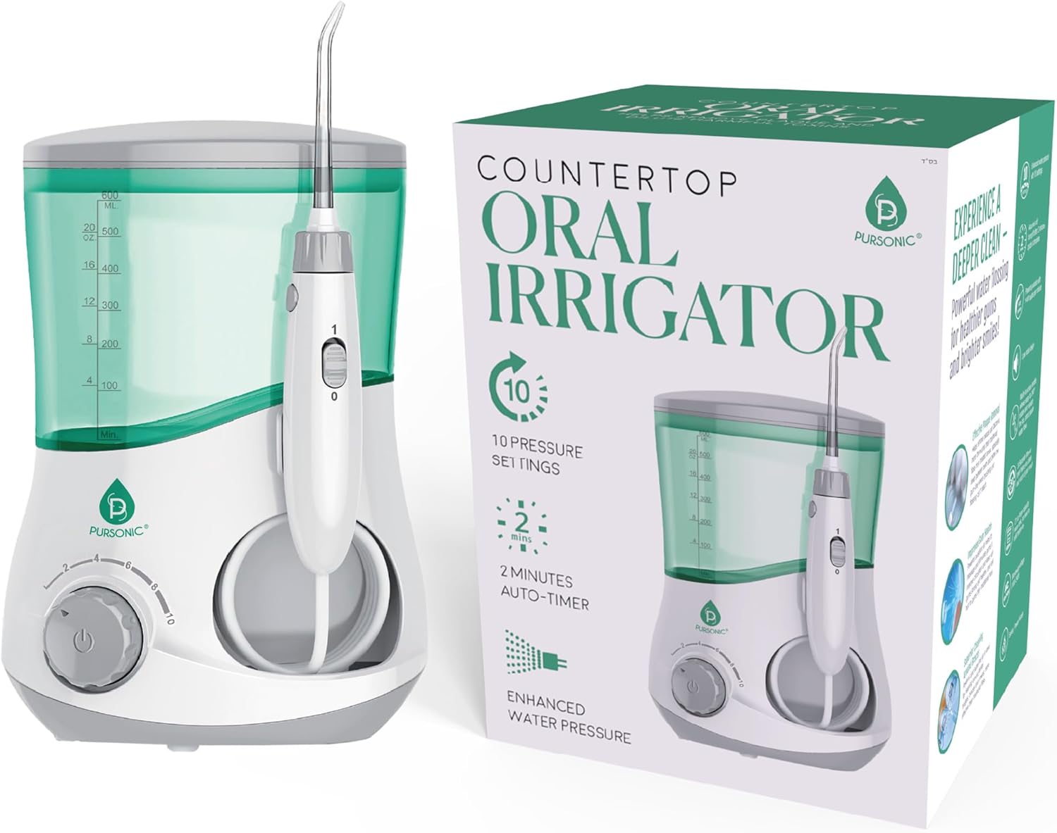 Pursonic Oi-200 Professional Water Flosser For Teeth With 3 Nozzles - Bonus Tongue Scraper Multiple Pressure Settings - Electric Flosser Timer And Plaque Removal For Gum Health