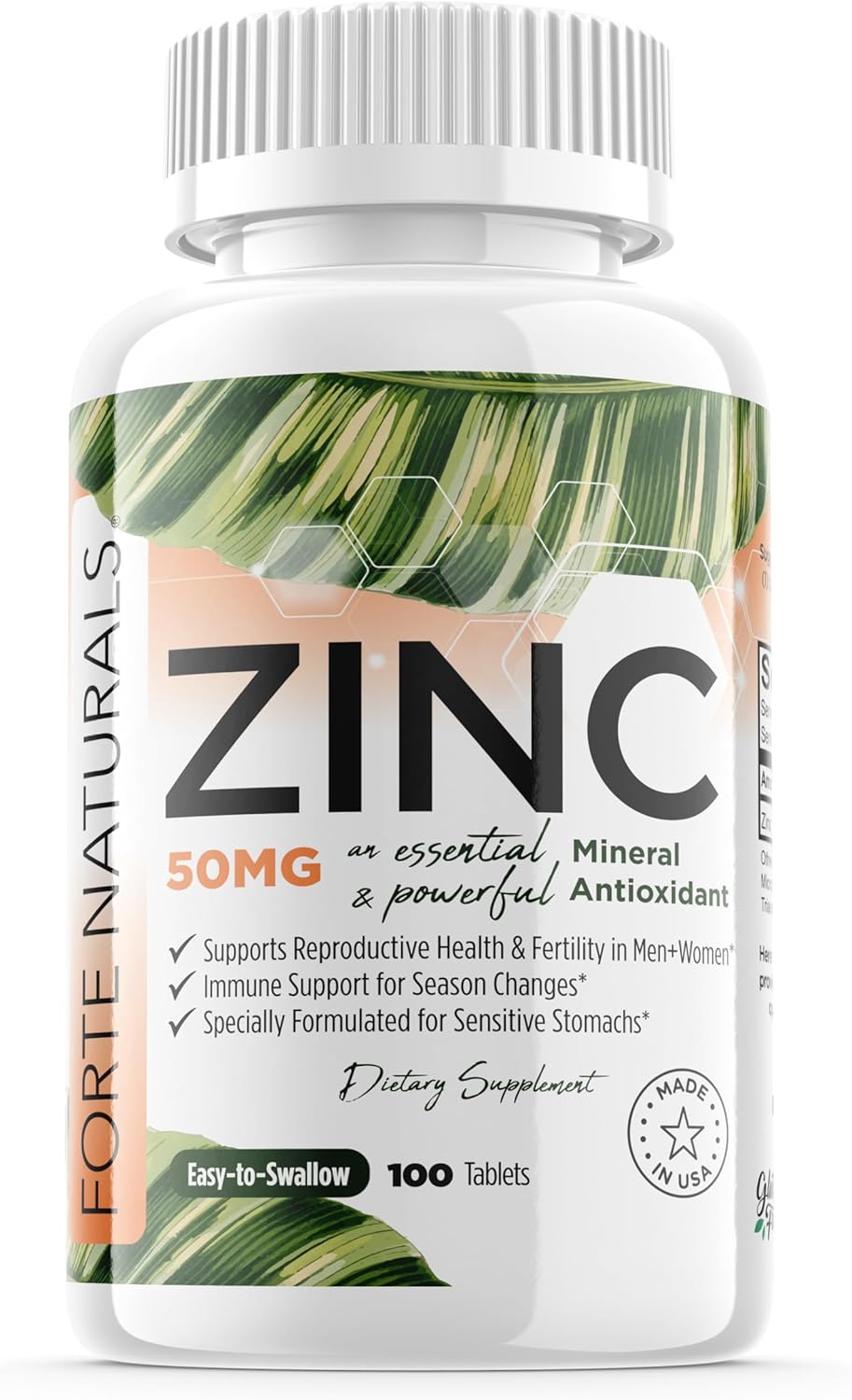Zinc 50Mg, (100 Tablets), Specially Formulated For Sensitive Stomach, Immune Support, Skin & Hair, Vegan Zinc Supplement, Non-Gmo Made In Usa