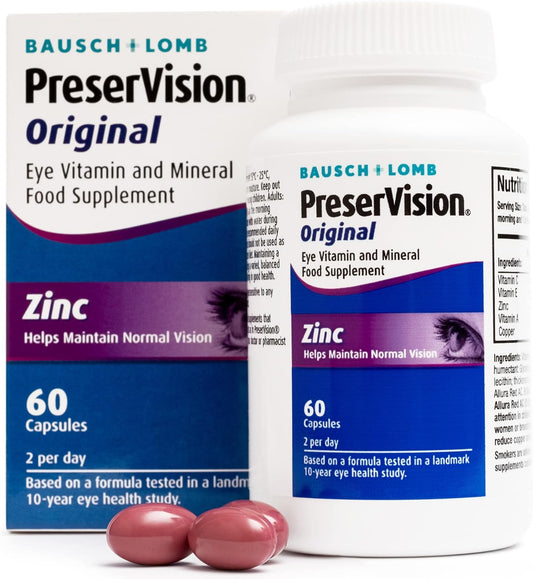 Preservision Original By Bausch + Lomb, Eye Vitamin And Mineral Food Supplement, Zinc, Copper And Vitamin C, E And A, Two Eye Supplement Soft Gel Capsules Per Day