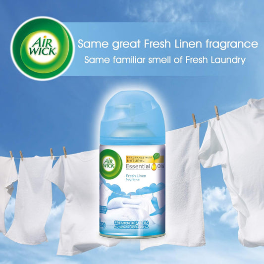 Air Wick Freshmatic 4 Refills Automatic Spray, Fresh Linen, 4ct, New Look, Same familiar smell of Fresh Laundry, Essential Oil, Odor Neutralization, Packaging May Vary