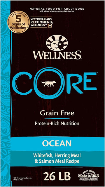 Wellness CORE Grain-Free High-Protein Dry Dog Food, Natural Ingredients, Made in USA with Real Meat, All Breeds, For Adult Dogs (Ocean Whitefish, Herring & Salmon, 26-Pound Bag)