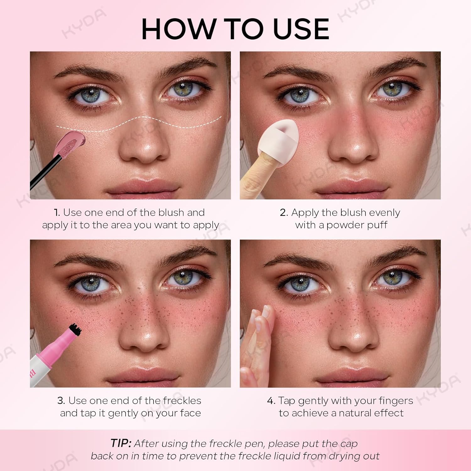 Kyda Freckle Blush Pen, Light Brown Liquid Freckle + Soft Pink Blush Duo, Lasting Freckles Colors For Summer Sunkissed-Look, Natural Lifelike Freckles Pen : Beauty & Personal Care