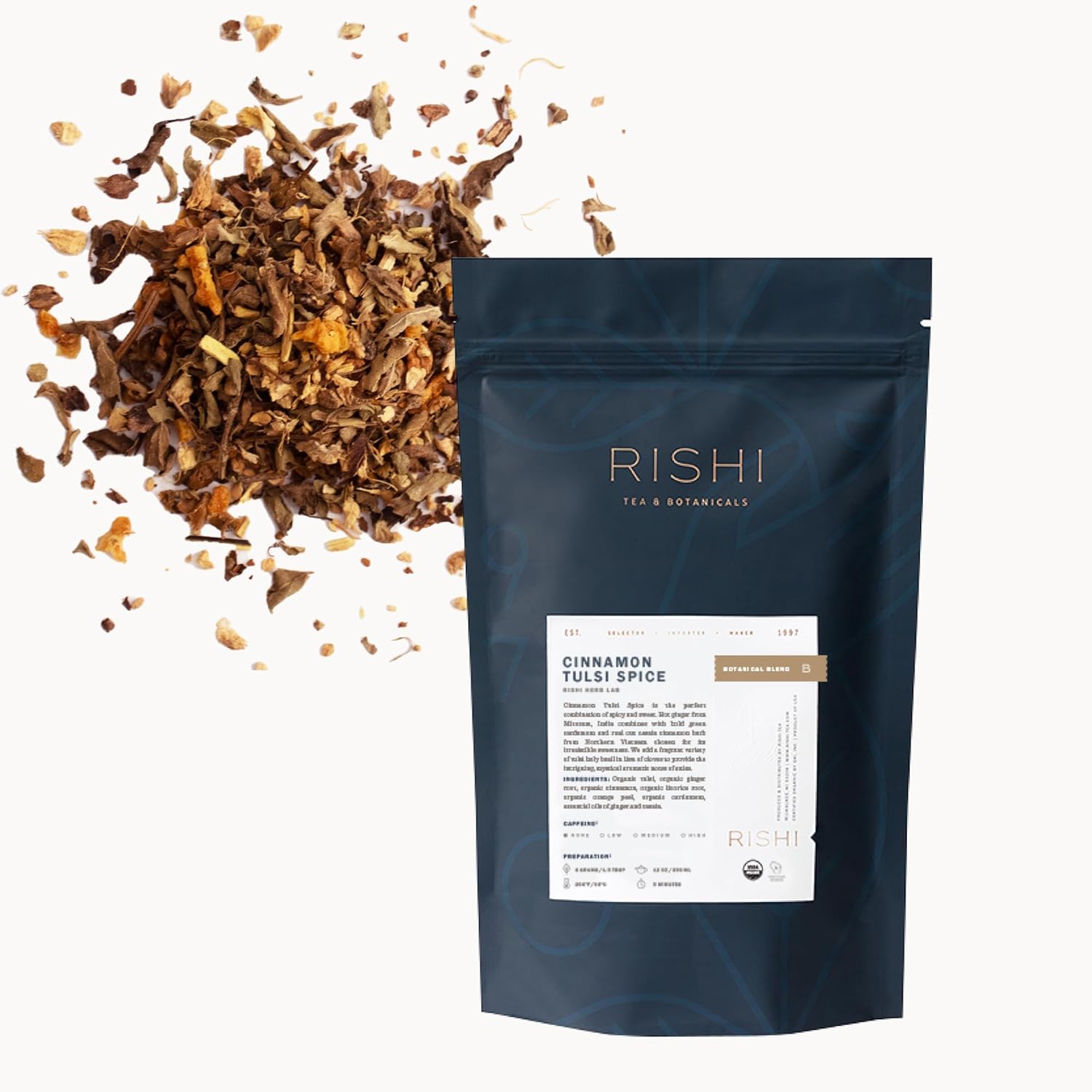 Rishi Tea Cinnamon Tulsi Spice Herbal Tea - Organic, Caffeine Free Loose Leaf Tea, Warming & Naturally Sweet Botanical Blend - 16 Ounces, 60+ Servings