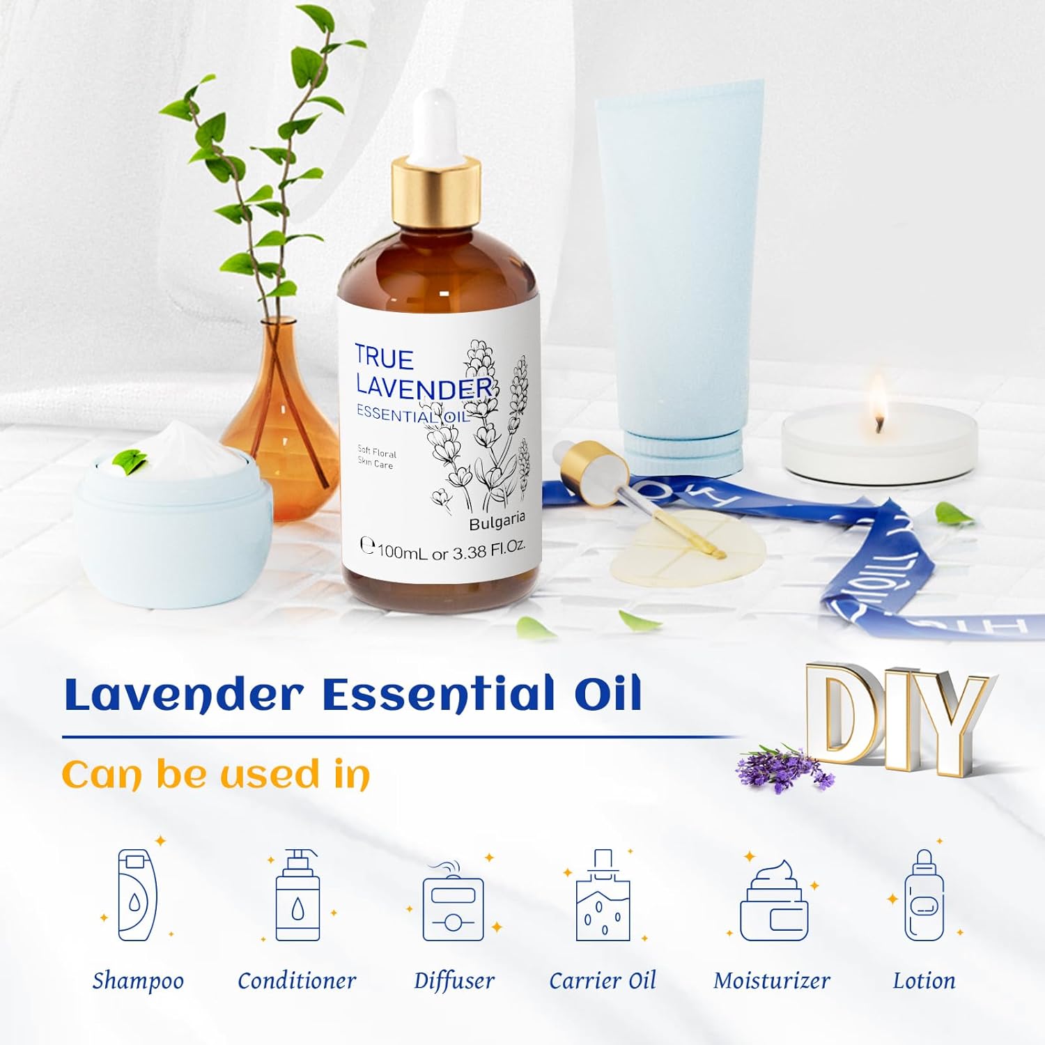 HIQILI 100ML Lavender Essential Oil Pure, 100% Natural for Skin Care, Diffuser?Includes 10ML Travel Bottle - 3.38 Fl Oz : Health & Household