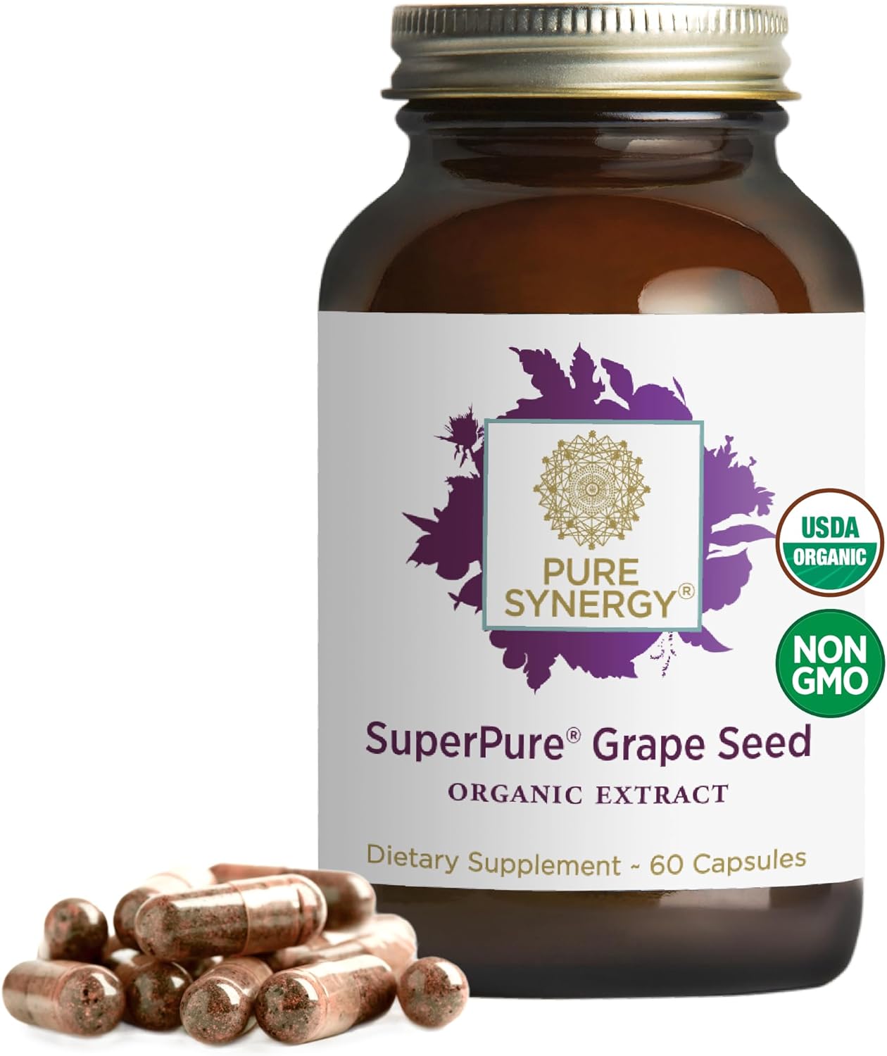 Pure Synergy Superpure Grape Seed Extract | Organic Grape Seed Extract Capsules | Grape Seed Polyphenols Supplement With Whole Grape | For Heart Health, Skin, And Healthy Aging Support (60 Capsules)