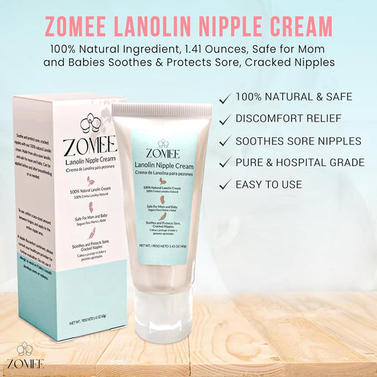 Zomee 2 PACK Lanolin Nipple Cream for Breastfeeding, 100% Natural Ingredient, 1.41 Ounces, Safe for Mom and Babies, Soothes & Protects Sore, Cracked Nipples - Discomfort Relief from Nursing