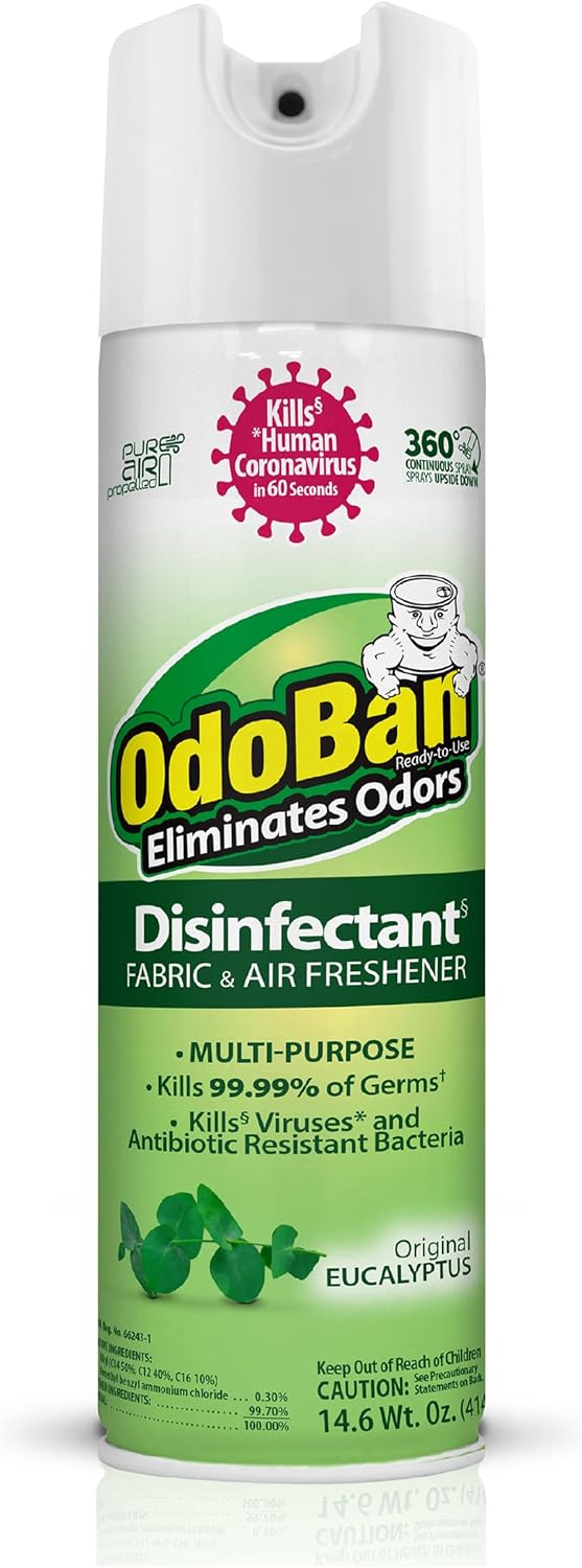 OdoBan Ready-to-Use 360-Degree Continuous Spray Disinfectant and Harsh Aroma Eliminator, Fabric and Air Freshener, 14.6 Ounces, Original Eucalyptus Scent