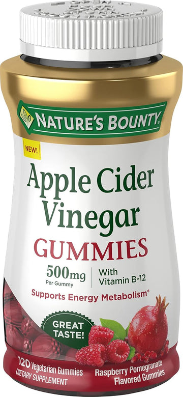 Nature'S Bounty Apple Cider Vinegar Gummies - Energy & Metabolism Supplements - Unfiltered Liquid Acv With The Mother, Non-Gmo, Vegetarian, Vitamin B12, Beet Root, Pomegranate (500 Mg, 120 Count)