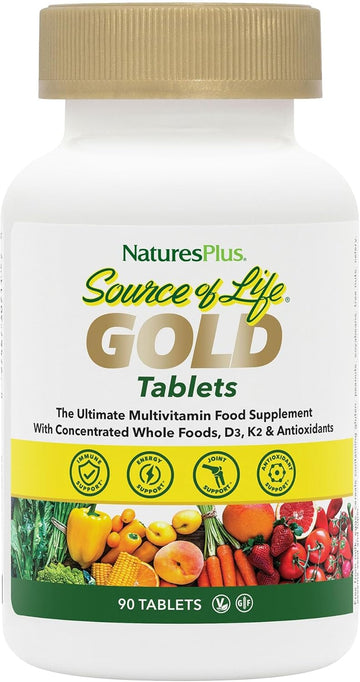 Natures Plus Source Of Life Gold Multivitamin - 90 Tablets - With Vitamins D3, B12 & K2 - Blood, Bone & Immune Support - Vegetarian & Gluten Free - 30 Servings