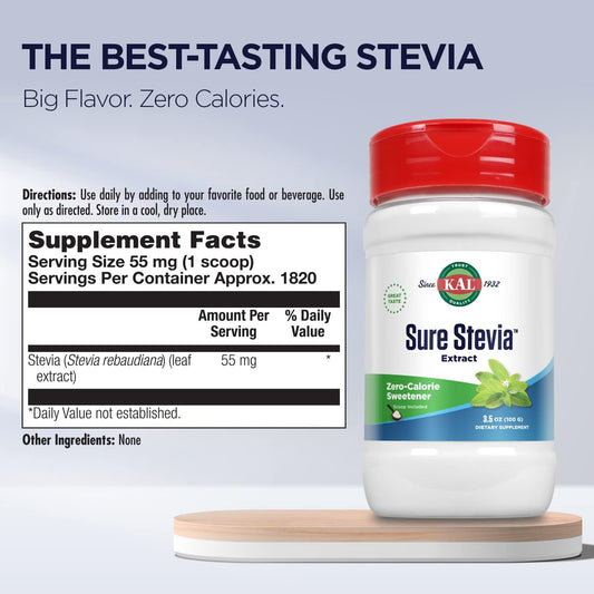 Kal Sure Stevia Extract Powder, Low Carb, Plant Based Stevia Sweetener, Great Taste, Zero Calories, Zero Sugar, Low Glycemic & Perfect For A Keto Diet, 60-Day Guarantee, Approx. 1820 Servings, 3.5Oz