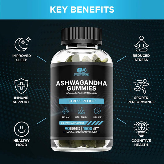 Ashwagandha Gummies 1500Mg - Stress Relief, Immune Support, Calm Mood & Increased Energy - Ashwagandha Supplements For Men & Women - Natural Strawberry Flavor (90 Count)