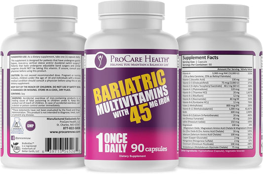 ProCare Health | Once Daily Bariatric Multivitamin | Capsule | 45mg Iron | 90 Count