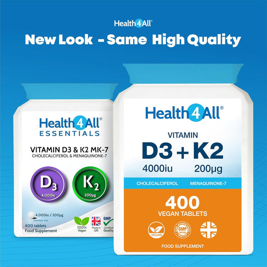 Health4All Vitamin D3 4000Iu & Vitamin K2 200Ug (Natural Mk7) 400 Tablets (1+ Year Supply) Vegan Vitamin D3 K2 Supplement, High Strength Mk-7 From Natto, Made In The Uk