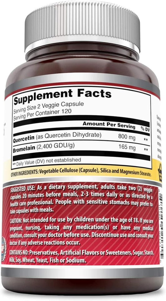 Amazing Nutrition Quercetin 800 Mg with Bromelain 165 Mg Veggie Capsules Supplement | Non-GMO | Gluten Free | Made in USA | Suitable for Vegetarians (240 Count)