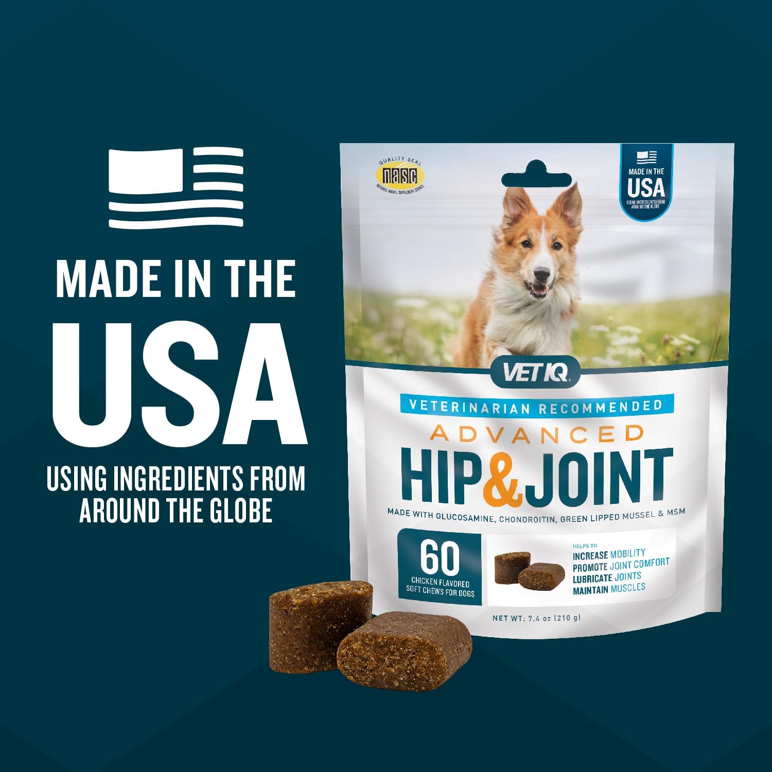 VetIQ Advanced Hip & Joint Chews For Dogs, 60 Count, Chicken Flavored Supplements Made with Glucosamine, Omega 3’s, Chondroitin, MSM, and Green Lipped Mussel, Increases Mobility and Maintains Muscles : Pet Supplies