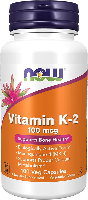 NOW Supplements, Vitamin K-2 100 mcg, Menaquinone-4 (MK-4), Supports Bone Health*, 100 Veg Capsules