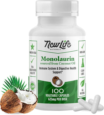 Newlife Naturals Monolaraurin Dietary Supplement - 625Mg Monolaurin Lauric Acid For Immune System And Digestive Health - 100 Vegetable Capsules