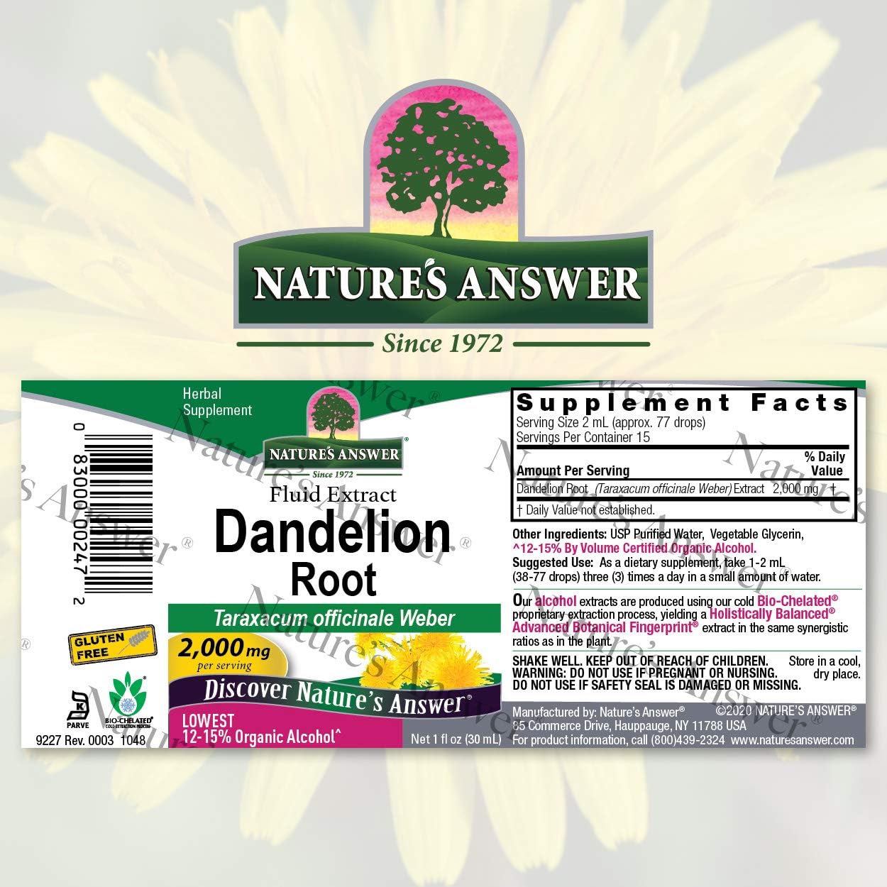 Nature's Answer Dandelion Root with Low Organic Alcohol 2000mg 1 Extract | Supports Liver Function | Gluten-Free, Kosher, Non-GMO | Single Count