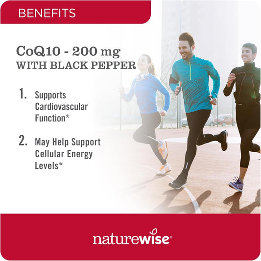 Naturewise Coq10 200Mg Softgels, High Absorption Coenzyme Q10 With Bioperine Black Pepper - Antioxidant For Heart Health + Cellular Energy - Vegan, Non-Gmo, Gluten-Free - 30 Softgels[1-Month Supply]