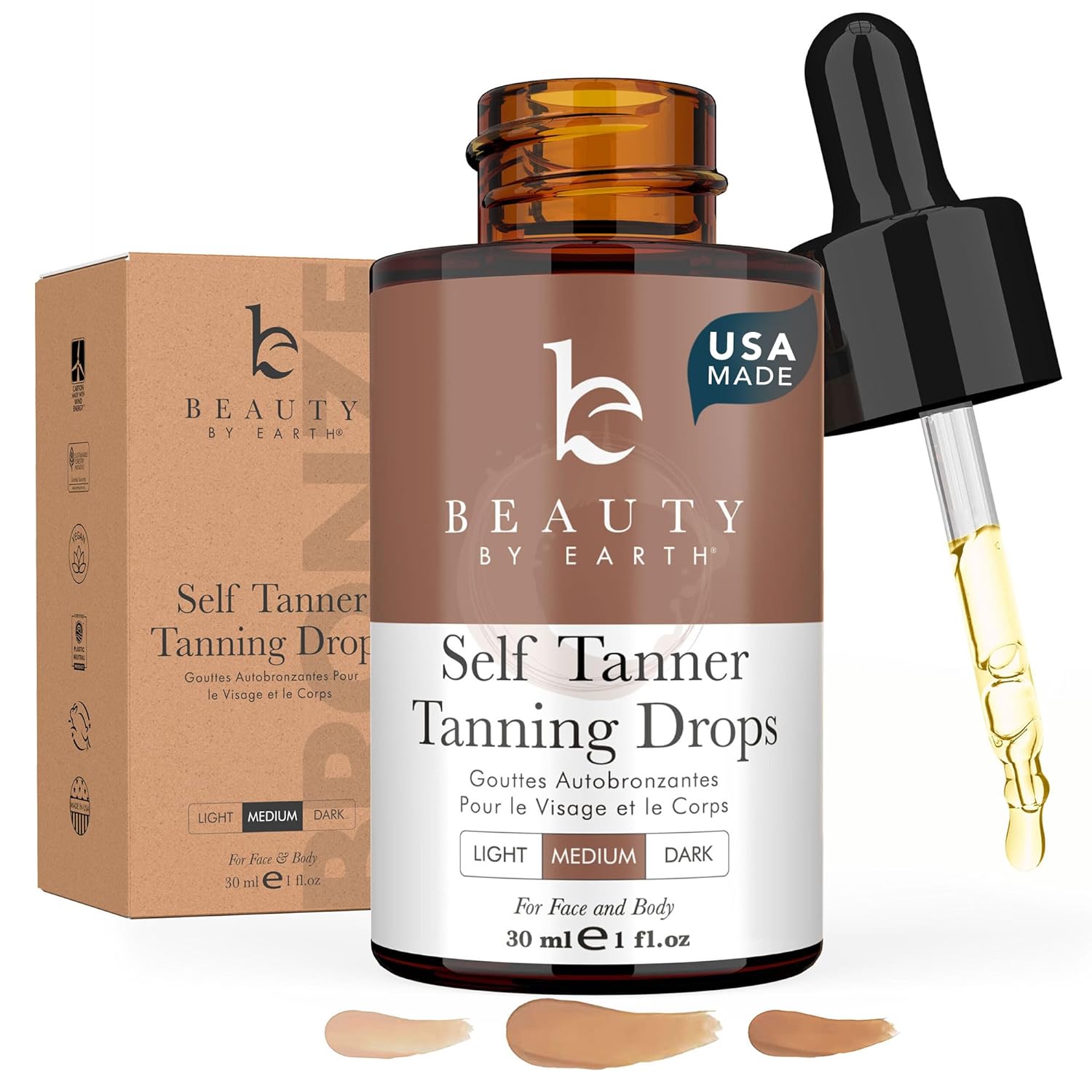 Self Tanning Drops - USA Made with Natural & Organic Ingredients, Medium Face Tanning Drops to Add to Lotion, Moisturizing Bronzing Drops for Face & Body, Toxin Free Face Tanner for Fake Tan