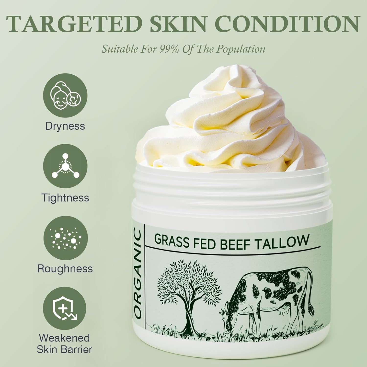 Beef Tallow, Tallow Face Moisturizer, Beef Tallow For Skin, Unscented 100% Organic Beef Tallow Blam Grass Fed Finished Whipped Tallow Face Cream Moisturizer Body Lotion Skin Care For Sensitive Skin : Beauty & Personal Care