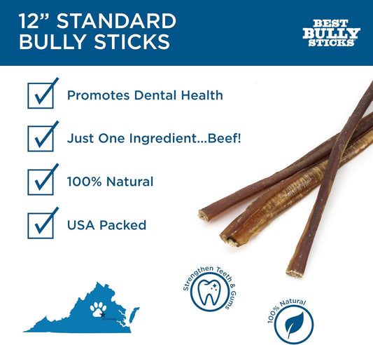 Best Bully Sticks 12 Inch All-Natural Bully Sticks For Dogs - 12” Fully Digestible, 100% Grass-Fed Beef, Grain And Rawhide Free | 12 Pack