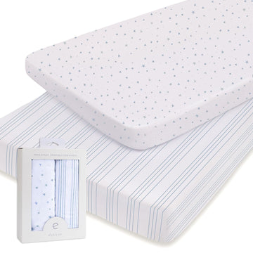 Ely’S & Co. Pack And Play Sheets, For Mini/Portable Crib, 2 Pack Fitted Playpen Play Yard Sheet Set Compatible With Graco Pack N Play, For Baby Boys, 100% Cotton, Blue Stars And Stripes, 38”X24”X5”