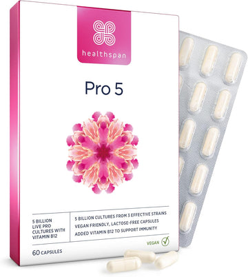 Healthspan Probiotic 5 | Multi-Strain Probiotic With 5 Billion Live Cultures From 3 Bacteria Strains | Vitamin B12 To Support Your Immune Health | Vegan & Lactose Free Capsules (60 Capsules)