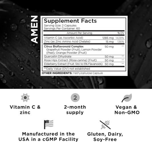 Amen Vitamin C+ Supplement With Zinc, Bioflavonoids, Quercetin, Rose Hips, Elderberry – Vegan, Non-Gmo – 2 Months Supply - 120 Capsules