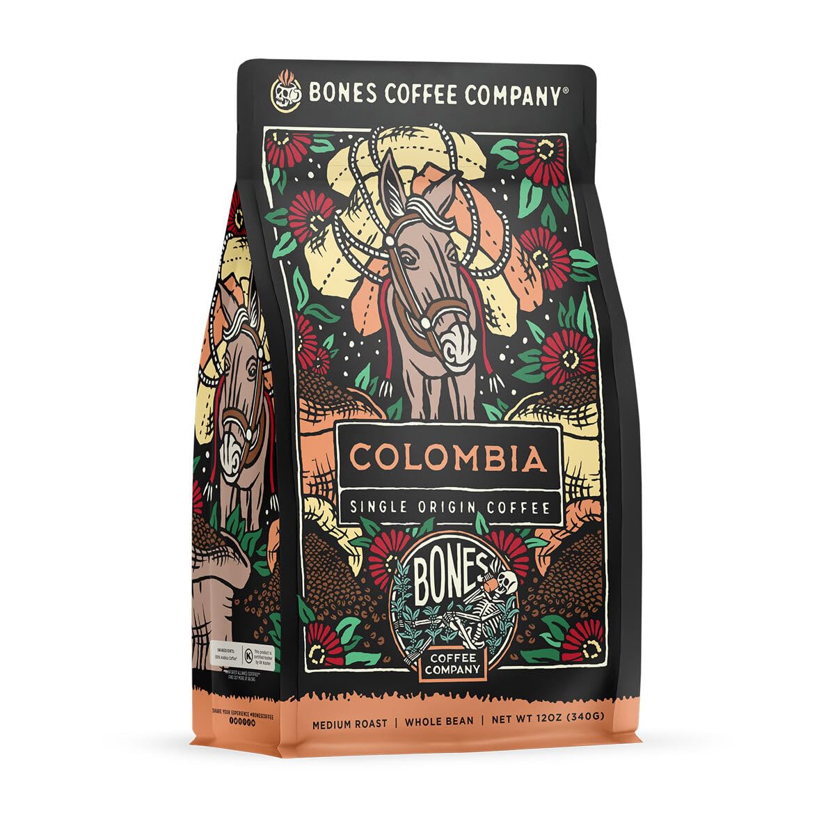 Bones Coffee Company Colombia Single-Origin Whole Coffee Beans | 12 oz Medium Roast Low Acid Coffee Arabica Beans | Coffee Gifts & Beverages (Whole Bean)