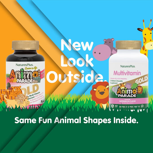 Natures Plus Animal Parade Gold Multivitamin Children’S Chewables - Watermelon Flavor - 120 Animal-Shaped Tablets - Vitamin D3, K2 & Probiotics - Vegan, Gluten Free - 60 Total Servings