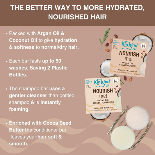 Kinkind Nourish Me! Shampoo And Conditioner Bar Set. Argan Oil & Coconut Oil Shampoo Bar And Conditioner For Hydration & Softness, For Normal, Dry And Grey Hair. For Travel. Up To 50 Washes. Uk Made