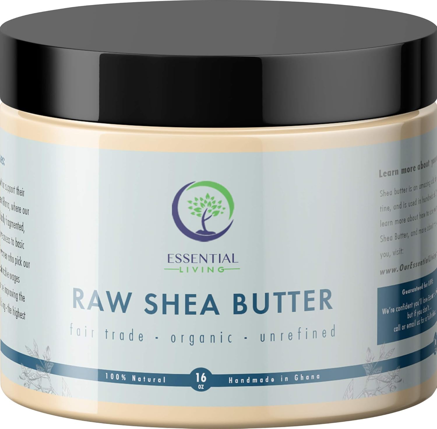 Essential Living: Unrefined Shea Butter - For Raw And Organic Body Butter, Body Scrub, Lotion, Hair Conditioner And Organic Soap Making - 16-Oz. Jar - 100% Natural And Fair Trade