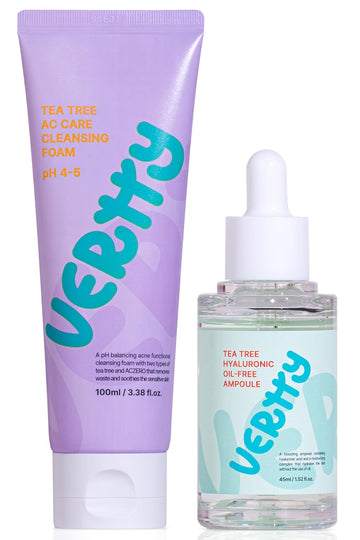 Vertty Tea Tree Vegan Cleansing Foam & Hyaluronic Oil Free Ampoule | Daily Oil Control Cleanser & Blemish Skin Corrector Serum | Hydro Boost Soothing Cleanser & Redness Relief Serum