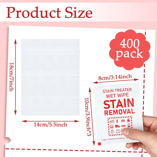 400 Pcs Stain Remover Wipes Bulk Individual Wrapped Wipes Stain Remover Mini Stain Remover Wipes for Clothes Fabric Laundry Stain Carpet Baby Messy Eater Car Seat Upholster