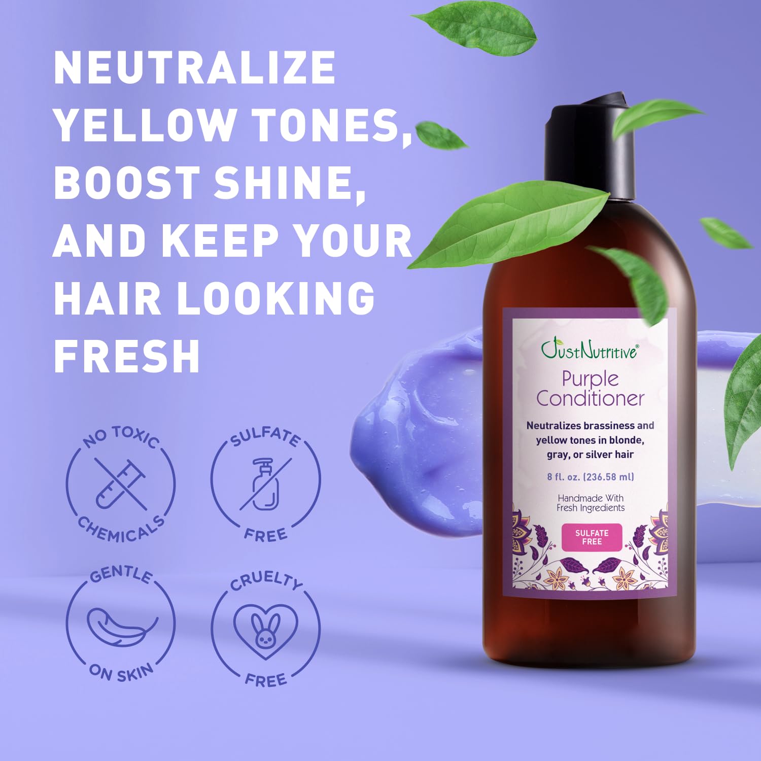 Just Nutritive Purple Conditioner for Blonde, Gray, White, Silver, and Bleached Hair - Eliminate Brassiness, Boost Shine, Repairs, Hydrates, Sulfate-Free, Paraben-Free, Gentle on Scalp, 8 oz. : Beauty & Personal Care