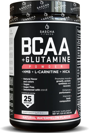 SASCHA FITNESS BCAA 4:1:1 + Glutamine,HMB,L-Carnitine,HICA | Powerful and Instant Powder Blend with Branched Chain Amino Acids (BCAAs) for Pre,Intra and Post-Workout |Natural Watermelon Flavor,362.5g