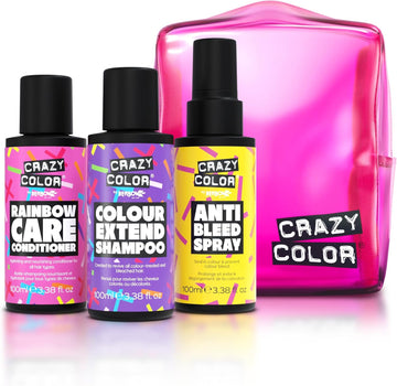 Crazy Color Haircare Travel Kit | 3 X 100Ml Essentials For Coloured Hair Vibrancy | Extend Shampoo, Rainbow Conditioner & Anti-Bleed Spray | Vegan