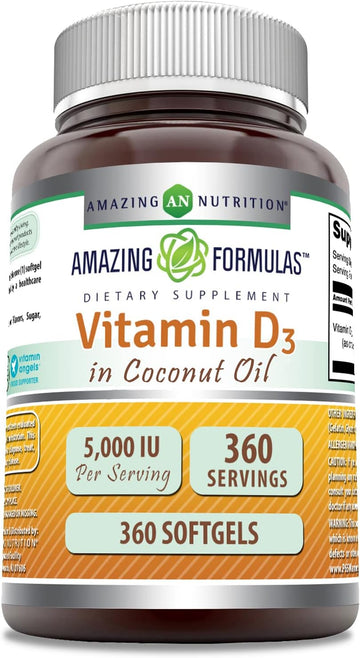 Amazing Formulas Vitamin D3 with Coconut Oil 5000 IU 360 Softgels Supplement | Non-GMO | Gluten Free | Made in USA