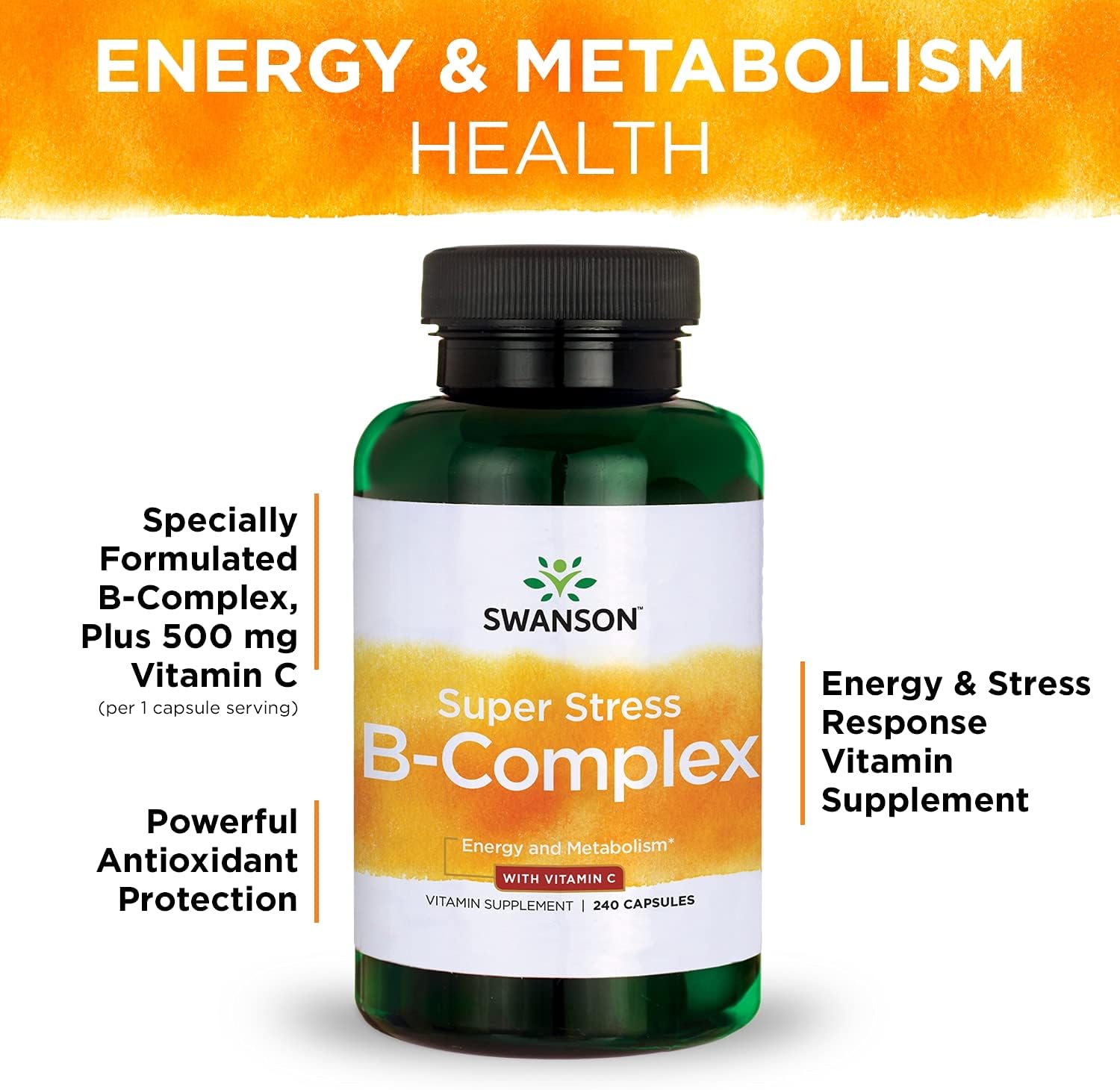 Swanson Super Stress B-Complex - Vitamin Supplement For Relaxation & Healthy Metabolism - Formula For Healthy Energy Levels - (240 Capsules) 4 Pack