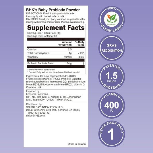 Bhk'S Baby Probiotic Powder,+ Vitamin D,Reduces Colic,Gas & Spit-Ups,Healthy Poops,Reduces Crying & Fussing & Promotes Digestive Comfort,Newborns, Babies & Infants, 30 Sticks