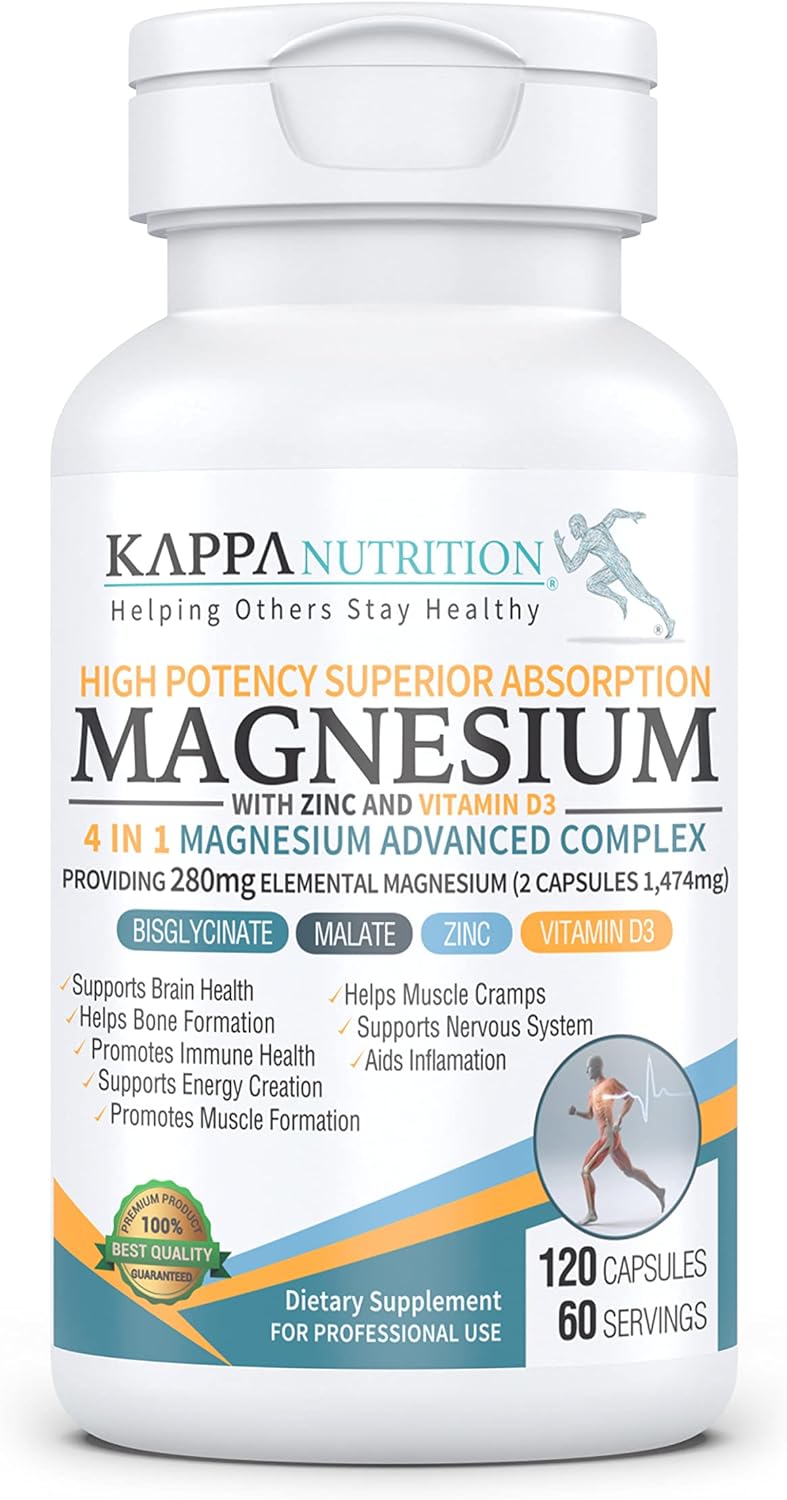 Kappa Nutrition (120 Capsules), Glycinate, Bisglycinate, Malate, Zinc, Vitamin D3 For Brain, Sleep, Cramps, Headaches, Energy, Bones, Immune, Providing 280Mg Elemental Magnesium, From