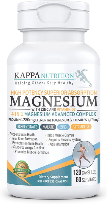 Kappa Nutrition (120 Capsules), Glycinate, Bisglycinate, Malate, Zinc, Vitamin D3 For Brain, Sleep, Cramps, Headaches, Energy, Bones, Immune, Providing 280Mg Elemental Magnesium, From