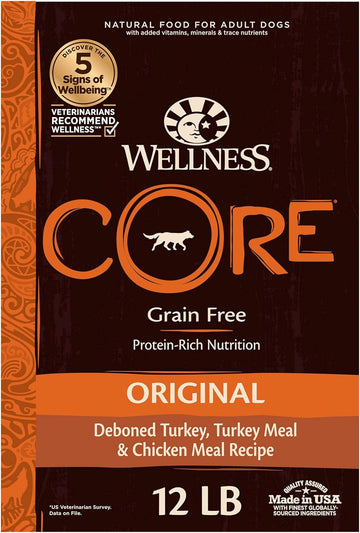 Wellness CORE Grain-Free High-Protein Dry Dog Food, Natural Ingredients, Made in USA with Real Meat, All Breeds, For Adult Dogs (Original Turkey & Chicken, 12-Pound Bag)